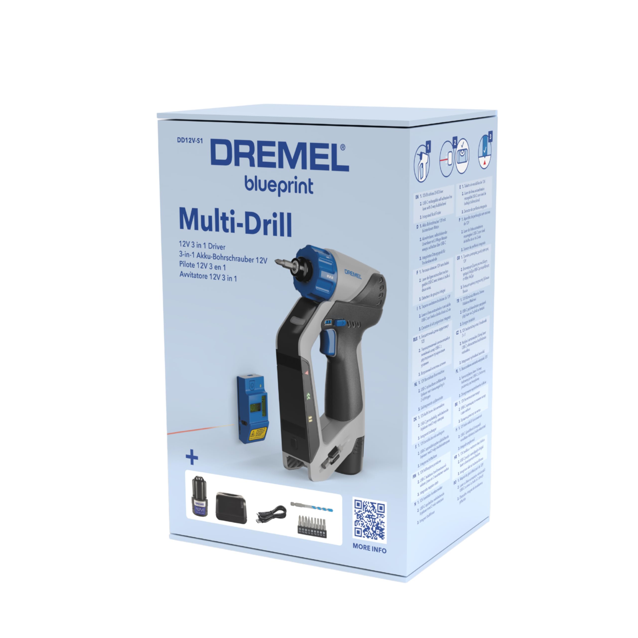 Dremel Blueprint Trapano Avvitatore 12V 3 in 1 Brushless con Cercatore di montanti, Livello laser staccabile, Batteria+Caricatore 2,0 Ah, Set di punte per trapano e avvitamento, Livella a Bolla DD12V