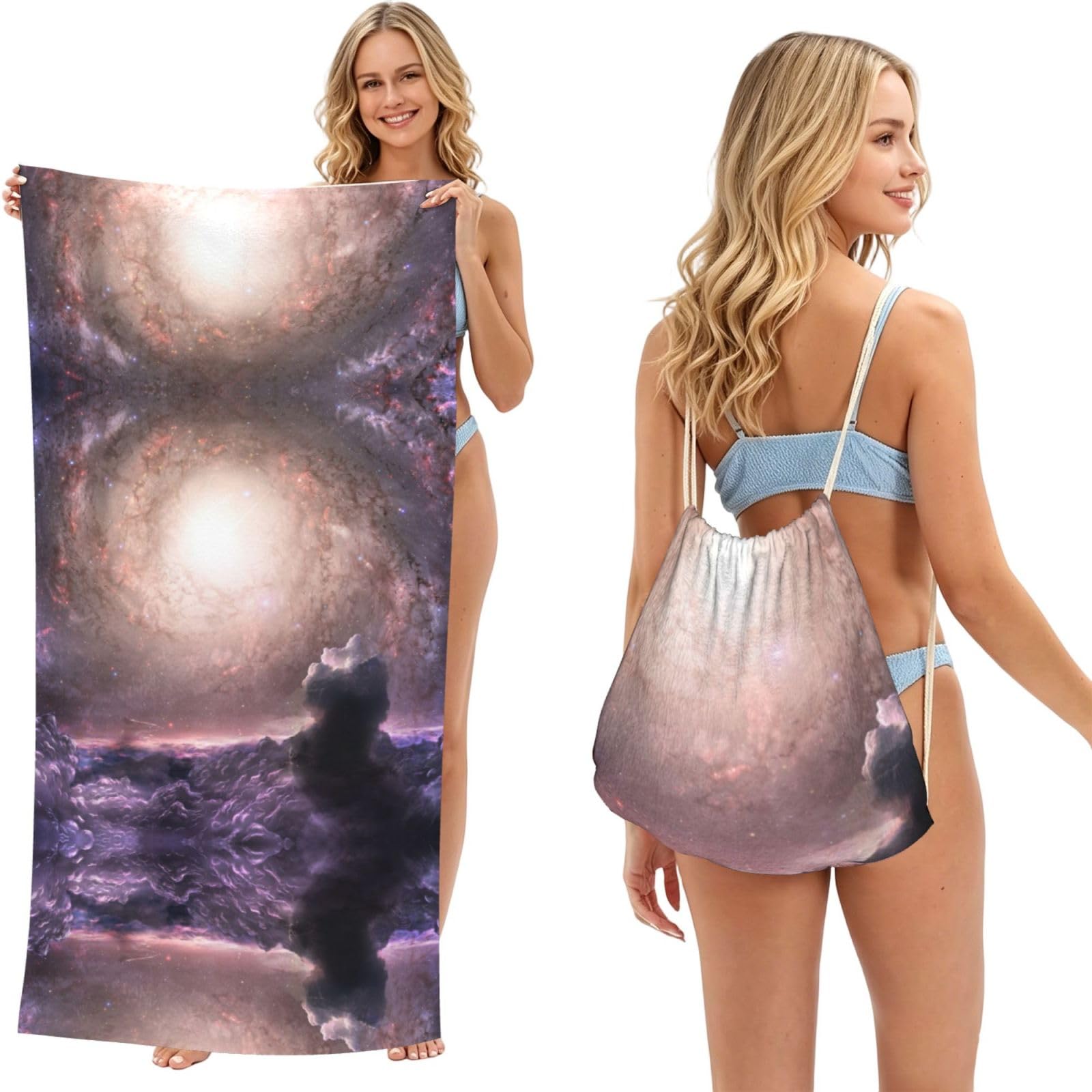 SATUSA Galaxy Cloud Print 2-In-1 Foldable Beach Towel Backpack – Camping, Yoga And Travel,Bath Towel With Built-In Storage, Convertible Beach Mat & Carry Bag