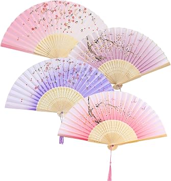 4 Pcs Hand Fan,Fabric Hand Fan Folding,Chines/Spanish Handheld Fan Folding With a Tassel Grade A Bamboo Ribs for Women Girls Dancing Props Summer Party Event Home Decorations Wedding Souvenir Gifts