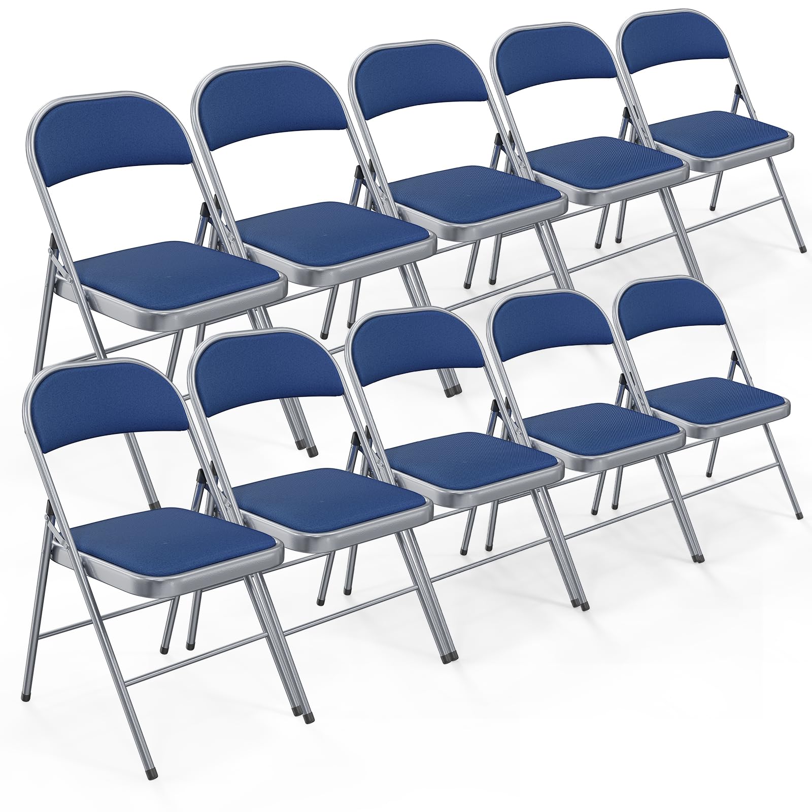 Bonnlo Folding Chair, Fabric Padded Folding Chairs with Cushion, Back and Steel Frame for Indoor Outdoor Outside Dinning Office Camping Use, Blue, 10