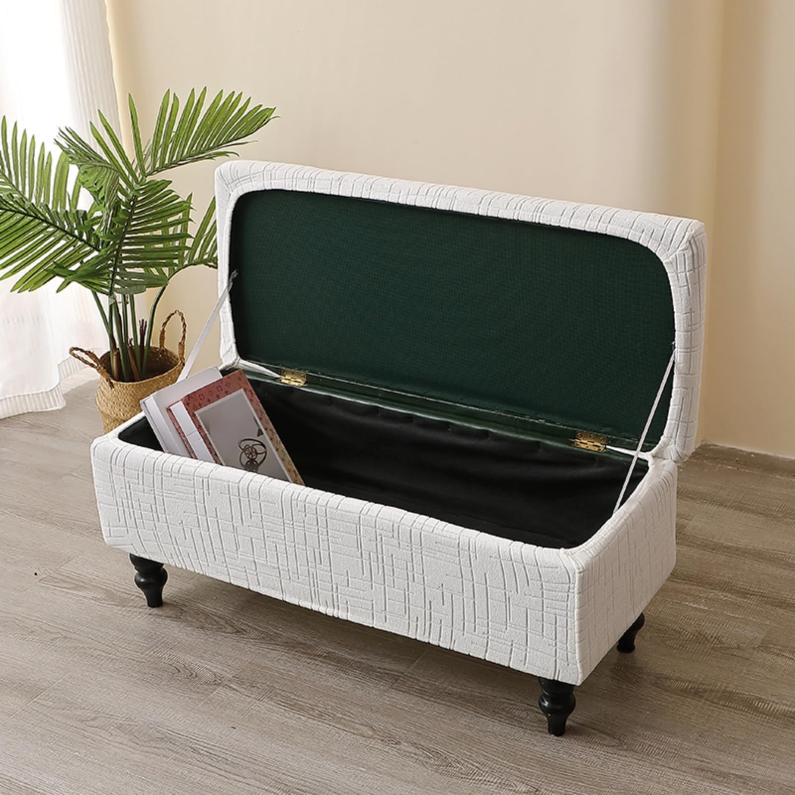 Stretch Ottoman Cover Rectangle, Soft Elastic Ottoman Slipcover Folding Ottoman Storage Bench Covers Washable Footstool Protector Covers for Living Room (TW27 Beige,L)