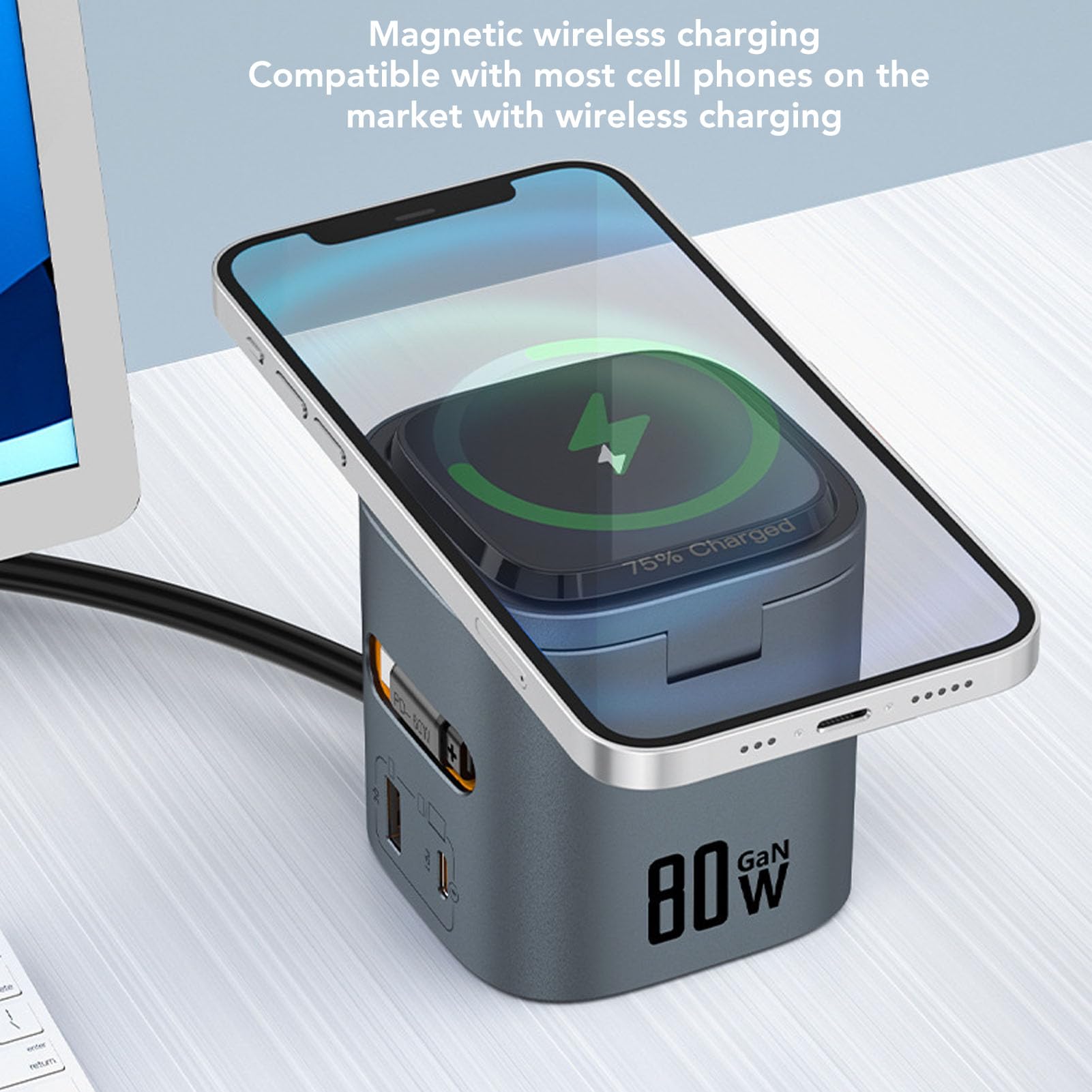 Gugxiom Stazione di ricarica wireless GaN, 80 W PD supporto di ricarica rapida con cavo retrattile, per telefoni portatili e dispositivi multipli (spina USA)