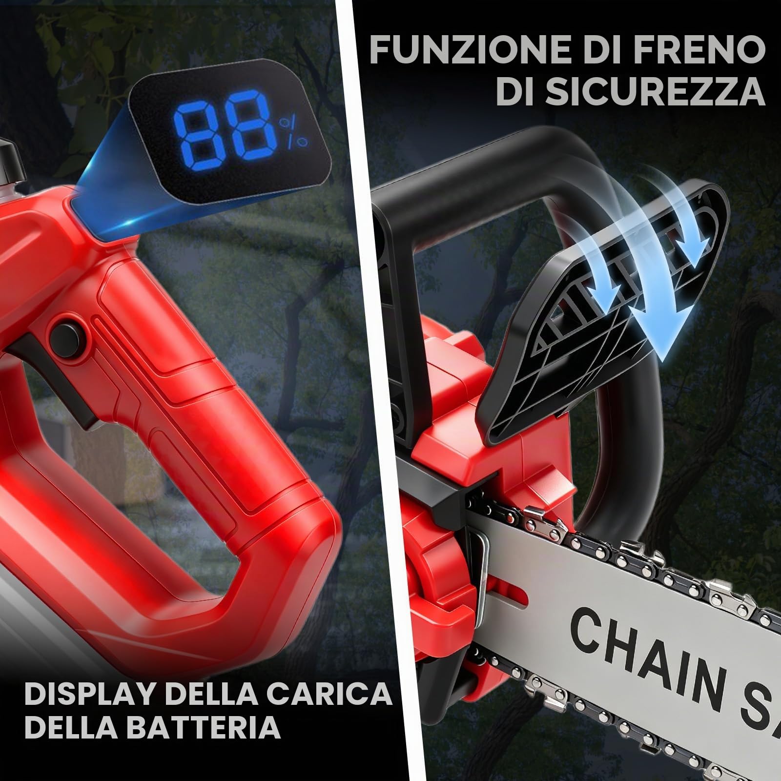 Motosega a Batteria 12 Pollici, 1200W Motosega Elettrica con 2x4000mAh Batterie, Motore Brushless, Elettrosega da Potatura con Lubrificazione Automatica per Taglio Legna e Giardino