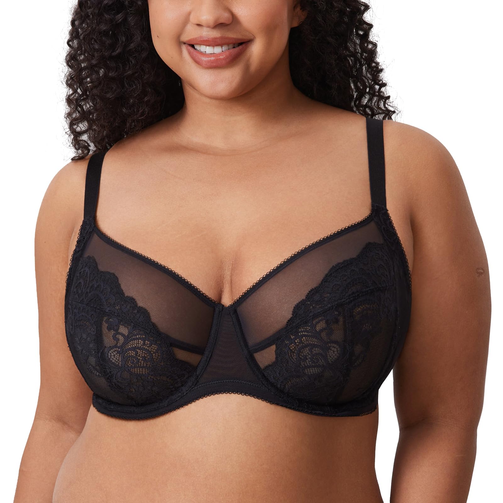 Delimira Women's Black Lace Bra Plus Size Full Coverage Underwire Unlined Bras 38F