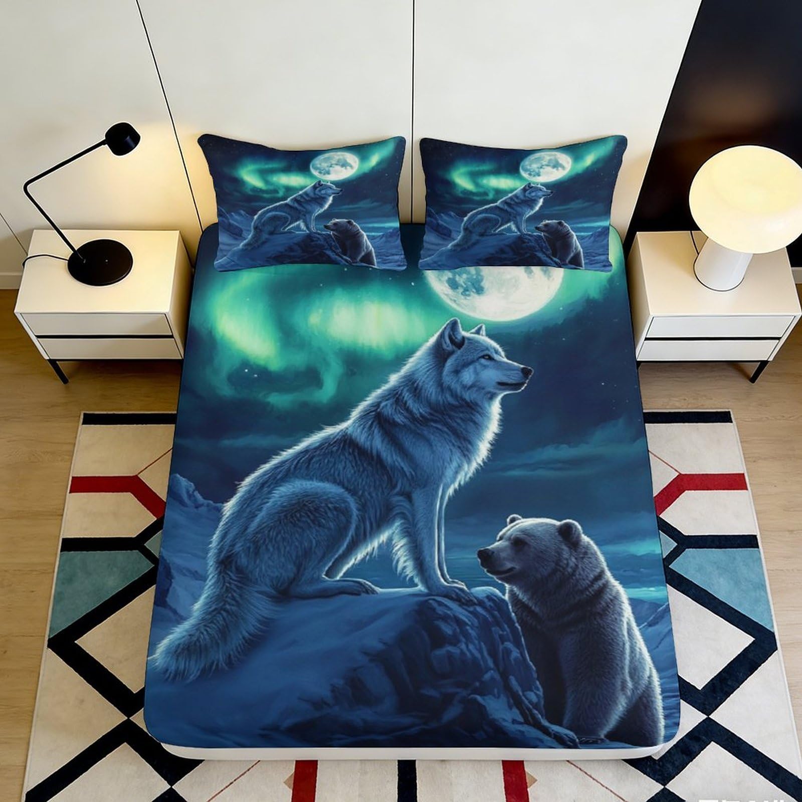 Pnayamiorkfel Style-7 3D Printed Northern Lights Wolf Fitted Sheet Microfiber Soft Bear Bed Cover For Bedroom Dorm Mattress Protection Decor 90X200x25cm