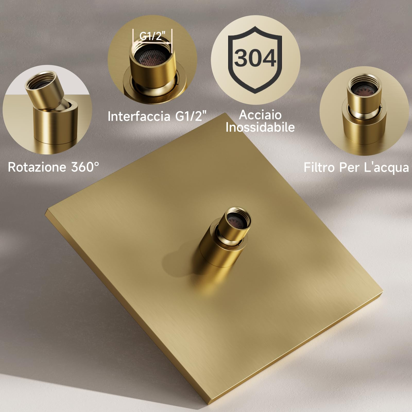 Soffione Doccia a pioggia,Oro quadrato soffione doccia a pioggia,8 pollici,Doccia in Acciaio Inossidabile con ugelli anticalcare,Testa Doccia Regolabile 360°,Può essere installato parete o soffitto