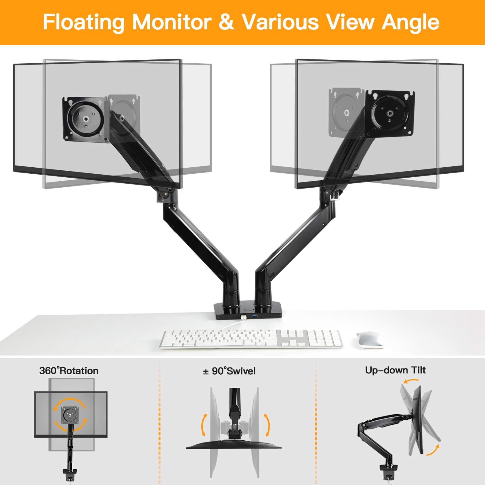 ErGear Dual Monitor Stand Mount, Ultrawide 1335 Inch Height Adjustable Computer Screen Gas