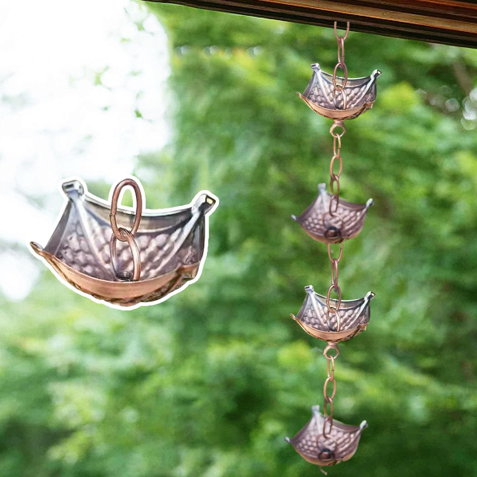 Chaîne De Pluie Décorative En Cuivre - 1m Pour Gouttière Extérieure - Design Anneau - Feegow