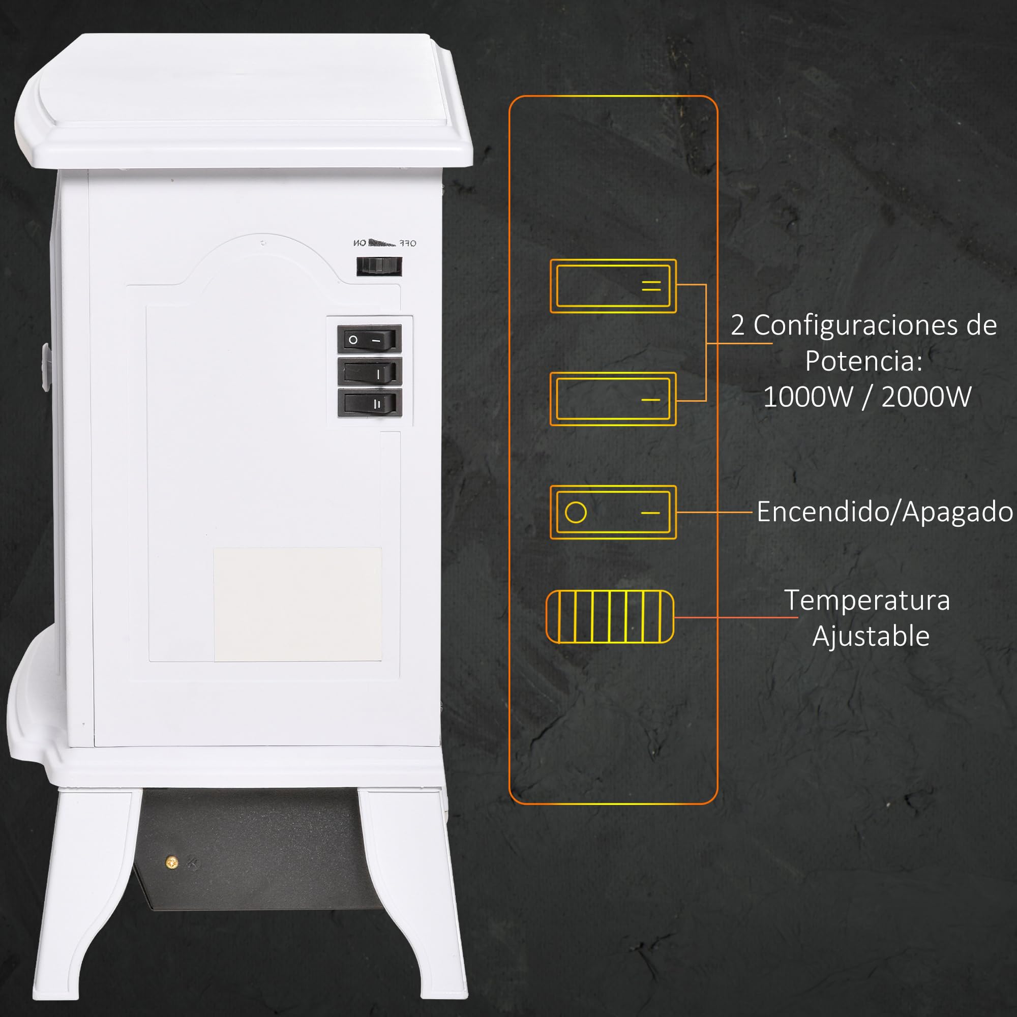 HOMCOM Chimenea Eléctrica de Pie 1000/2000W Chimenea Decorativa con Efecto de Llama Termostato Ajustable y Protección contra Sobrecalentamiento para Salas 20-25 m² 36,5x24x45,5 cm Blanco