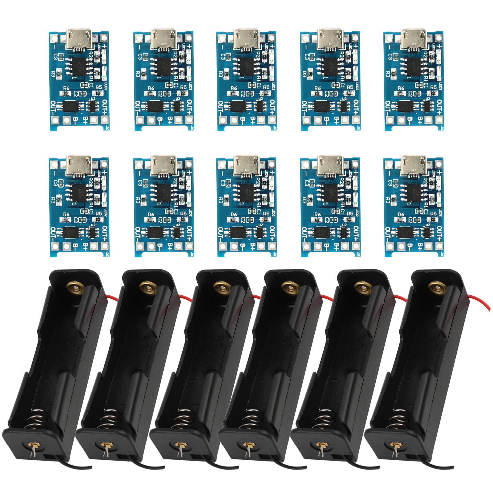 10 sztuk modułu ładowarki litowo-jonowej USB 5V 1A typu C, 6 sztuk uchwytów na baterie 3,7V z kablami podłączeniowymi, jednoszynowa płyta ładująca i podwójne funkcje ochronne (10 sztuk Micro USB +