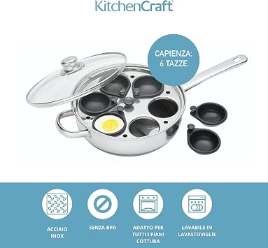 KitchenCraft Egg Poacher Pan with Non Stick, Induction Safe, Stainless Steel, Fits 6 Eggs, 26 cm (1''), Silver