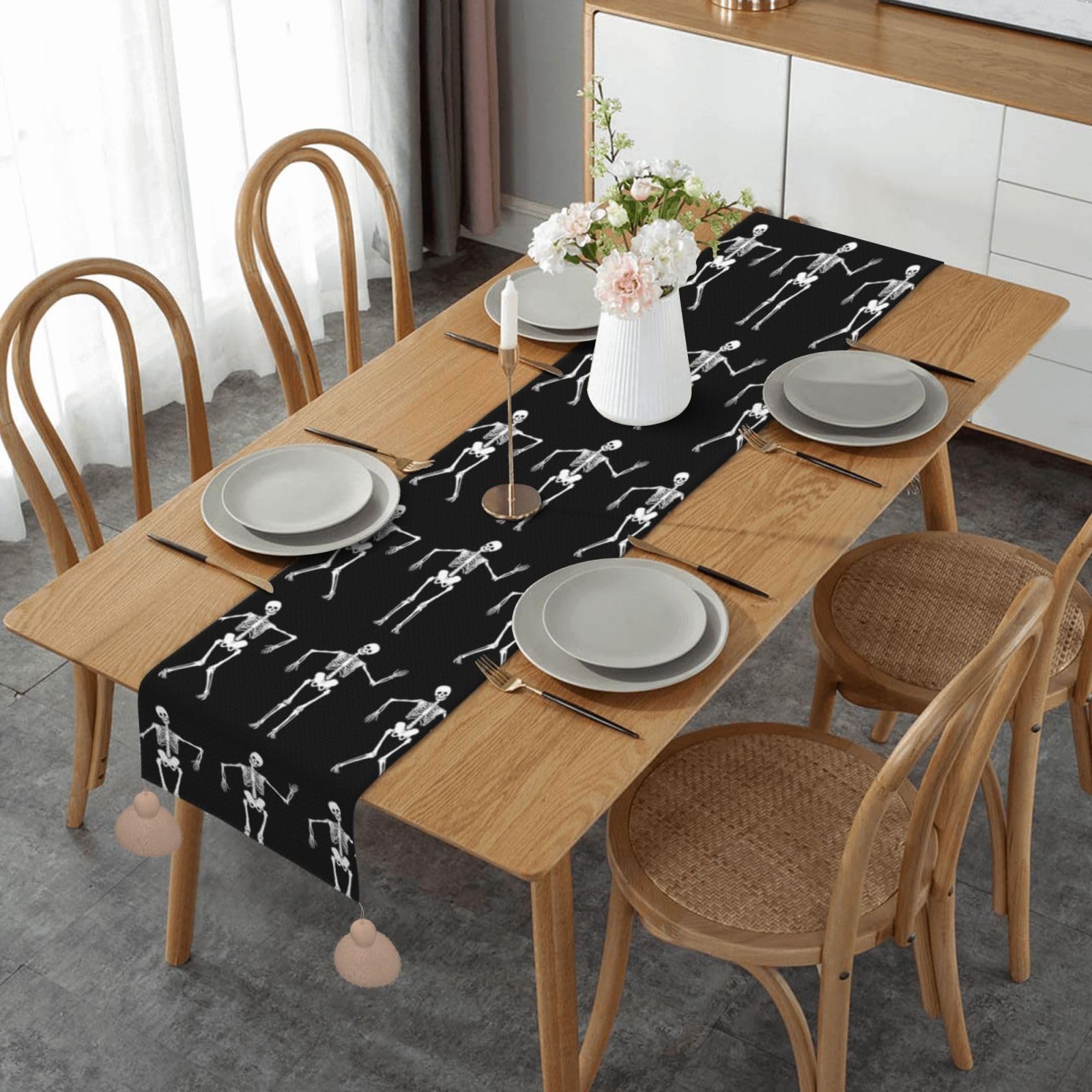 Chemin de table squelette lin déco table cuisine repas Halloween