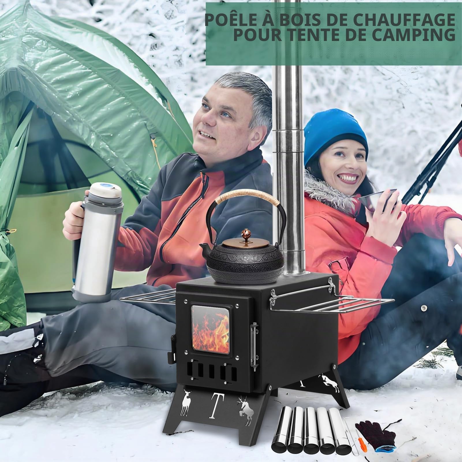 Réchaud à bois portable pour tente de camping, poêle à bois portable, réchaud de tente pour chauffage, brûleur de camping pliable avec tuyaux 1 ensemble