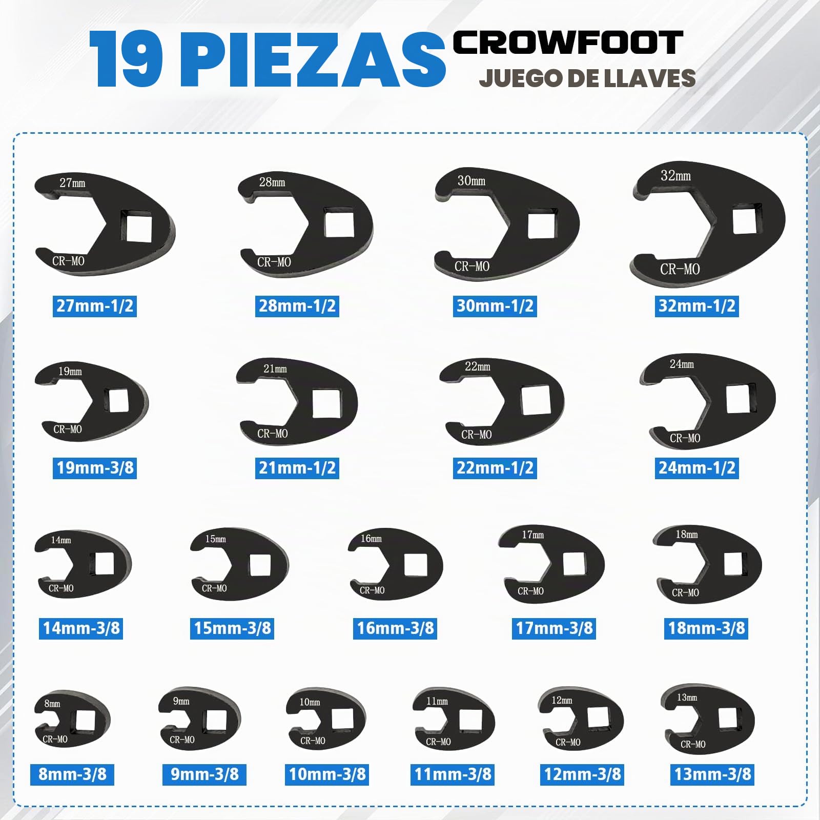 Juego de 19 llaves de tuerca acampanada de 3/8 pulgadas y 1/2 pulgadas, | 8-32 mm, acero al cromo molibdeno métrico, juego de llaves de patas de gallo