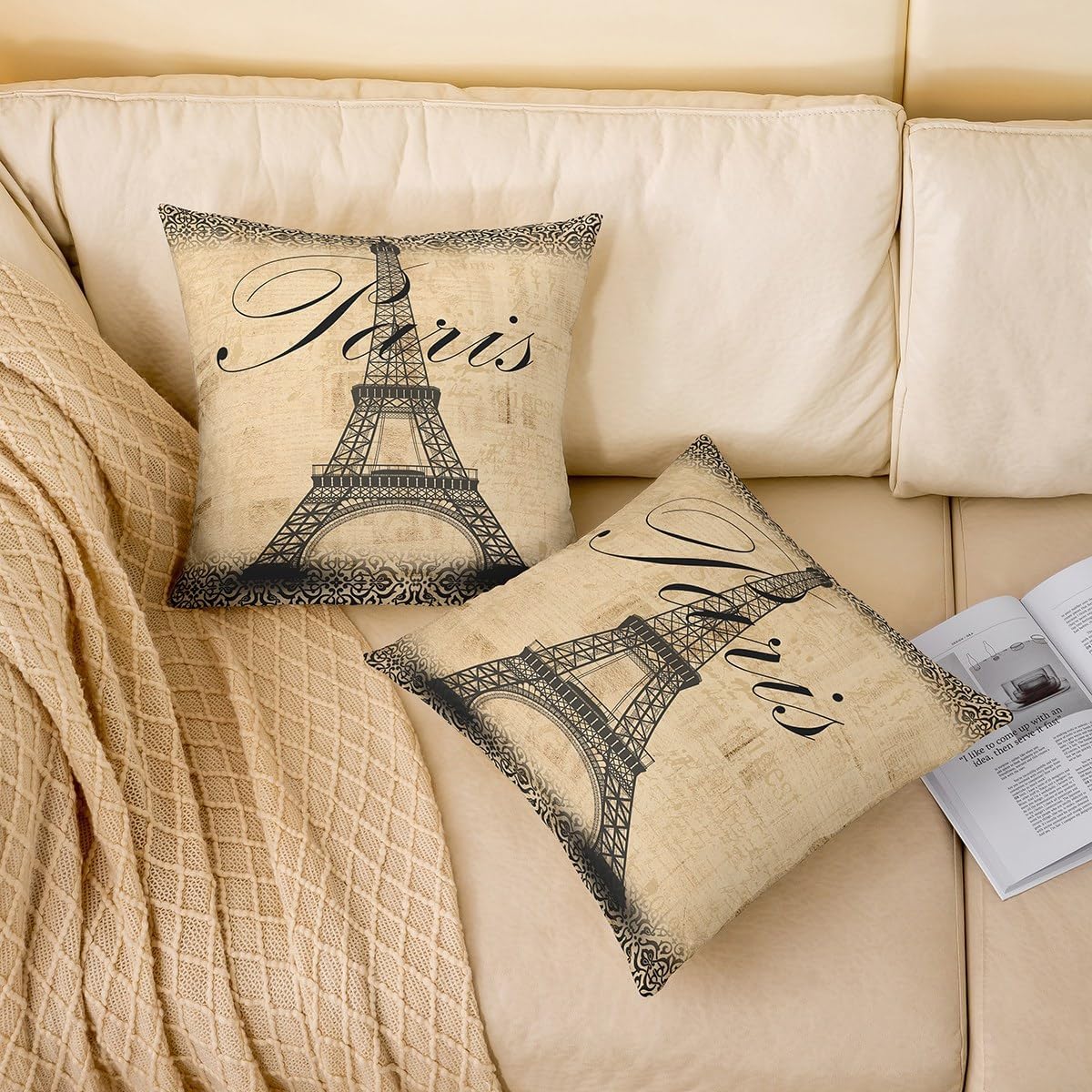 Feelyou Eiffel Tower Throw Pillow Covers 24"x24" Set of 2 Paris Decorative Pillowcase for Sofa Couch Romantic Cushion Cover Modern French Style Outdoor Pillows Covers Trip Design