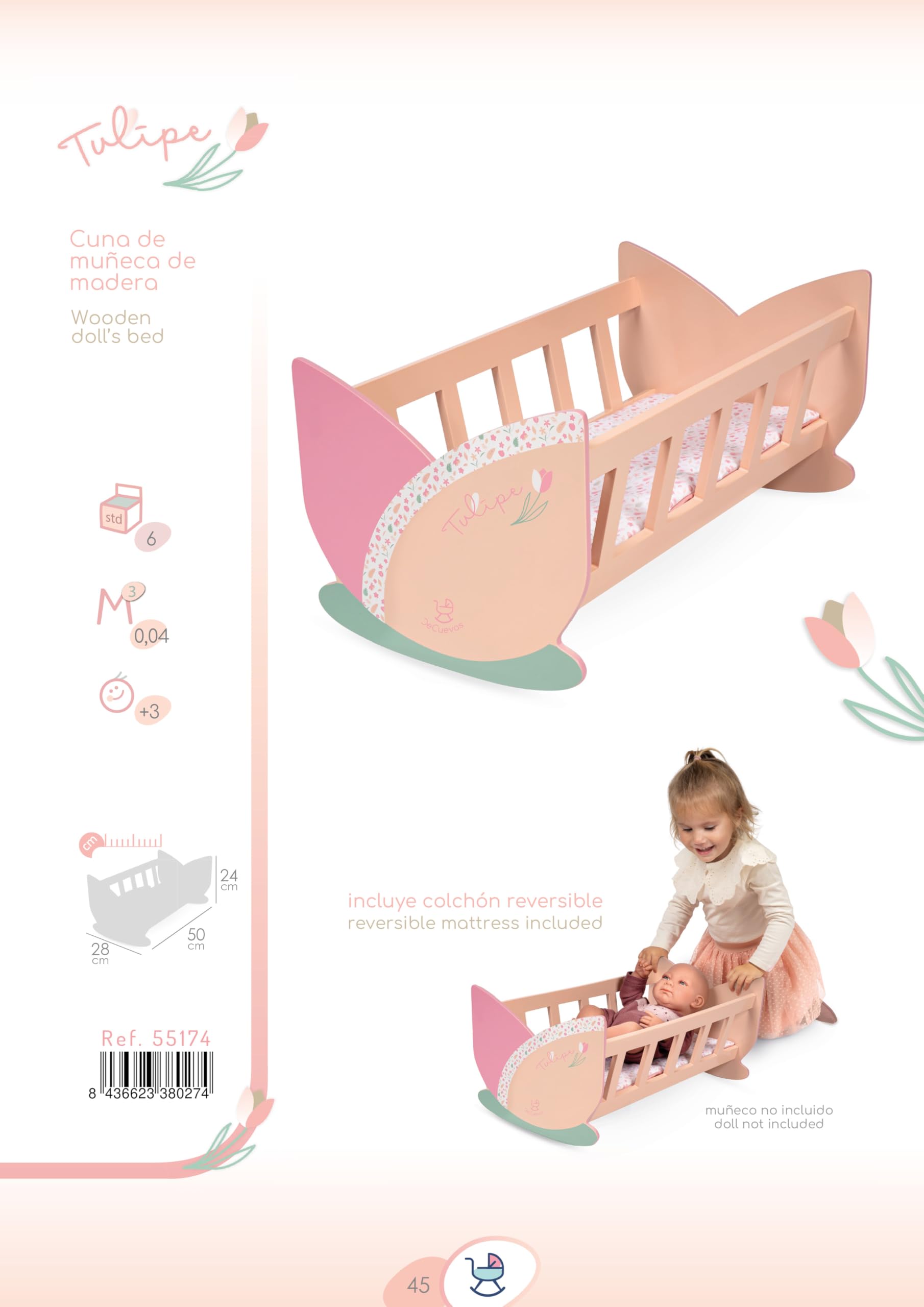 DE CUEVAS TOYS Holz-Wiege für Puppen Tulipe mit Matratze von DeCuevas 55174