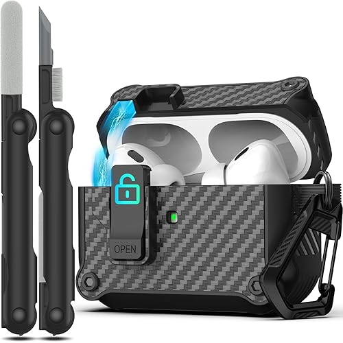 RFUNGUANGO for AirPods Pro 2nd /1st Generation Case Cover, Automatic Pop-up Carbon Fiber Case with Secure Lock Clip, Full Body Shockproof Hard Shell Protective Case for (2023/2022/2019)-Black