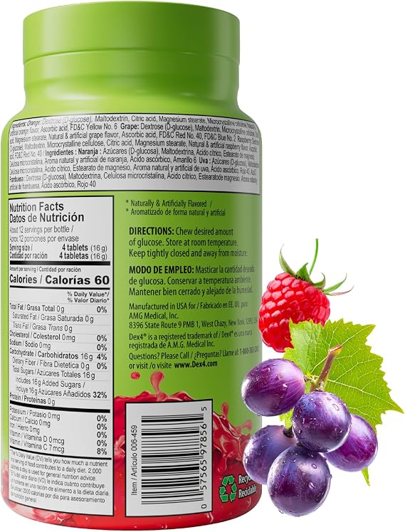 Dex4 Glucose Tablets, Fast Acting Glucose Supplement, 4g Pre-Measured Glucose per Tablet, Fat-Free, Gluten-Free, Assorted Fruits, 50 Count Bottle