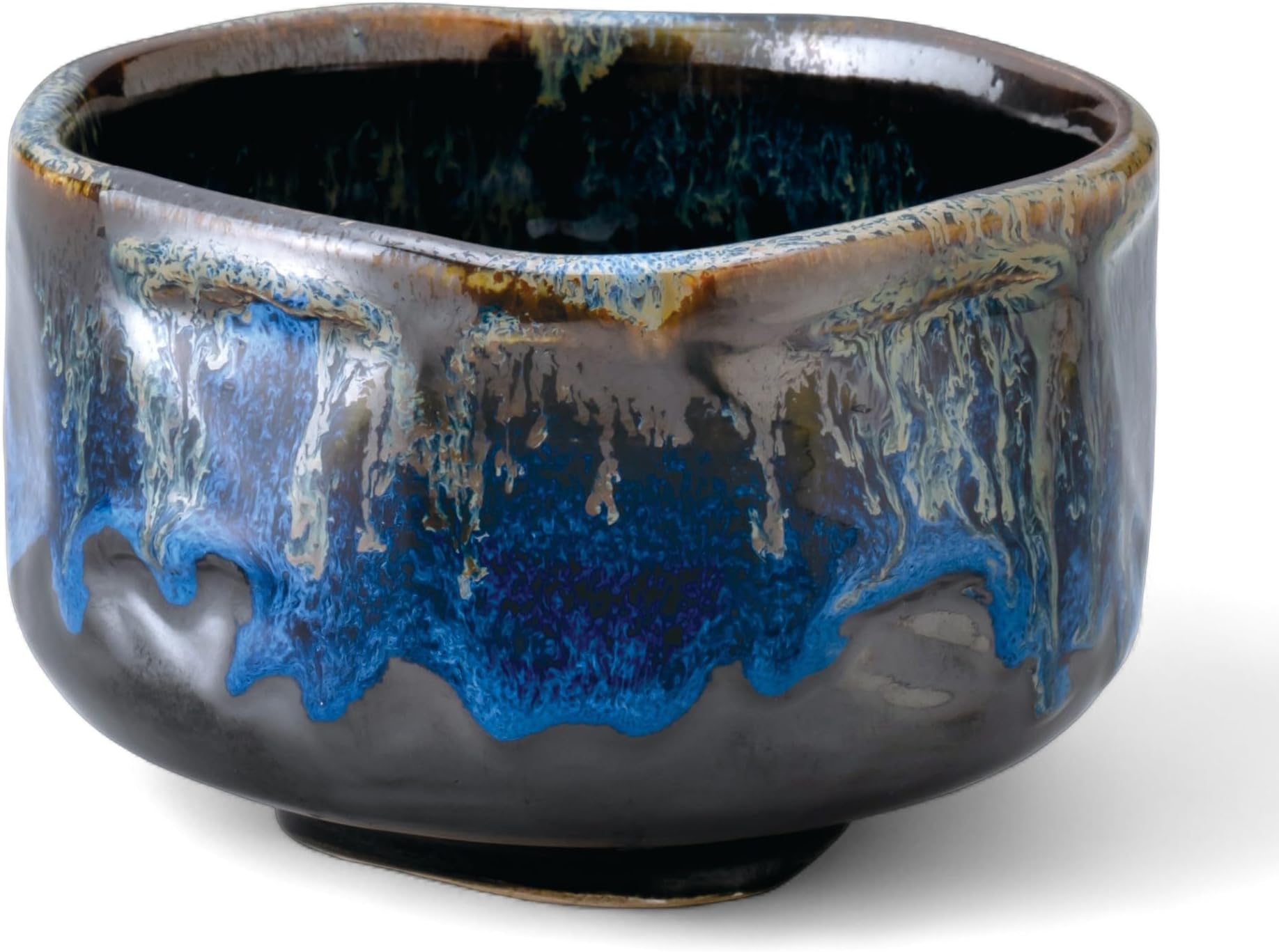 Handmade Ceramic Matcha Tea Bowl Authentic Japanese Tea Ceremony Pottery, Mino Ware Made in Japan, Black Blue Drip