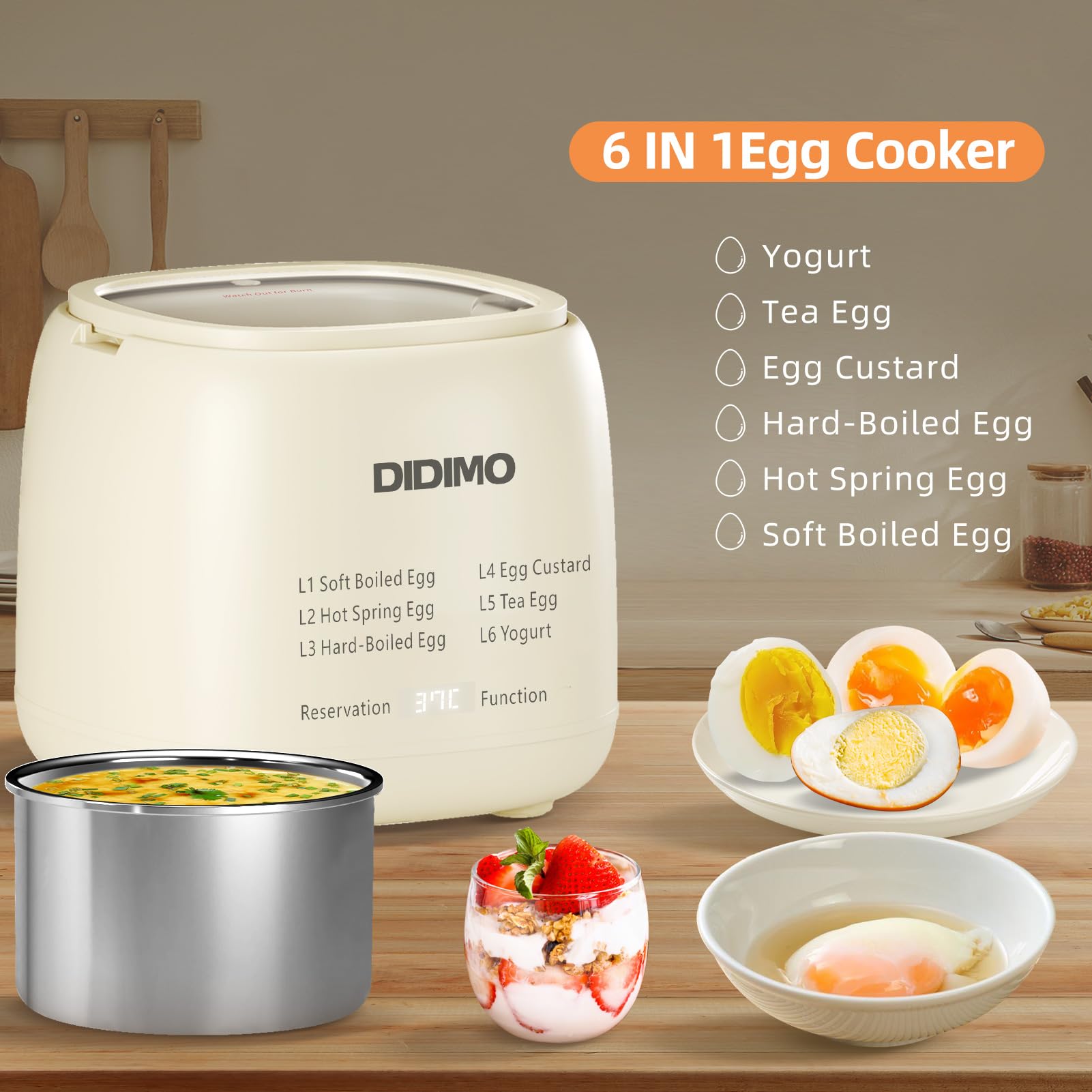 Olla rápida para huevos, olla de huevos programable para huevos duros, huevos duros suaves, huevos de aguas termales, natillas de huevo, huevo de té, yogur, olla eléctrica para huevos con apagado 3