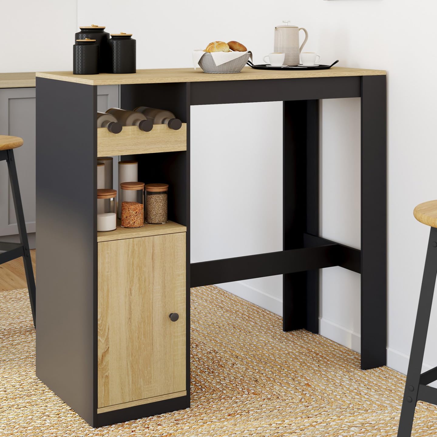 IDMarket - Table de Bar Ameri avec Placard et Range Bouteilles 2 Personnes Bois et Noir