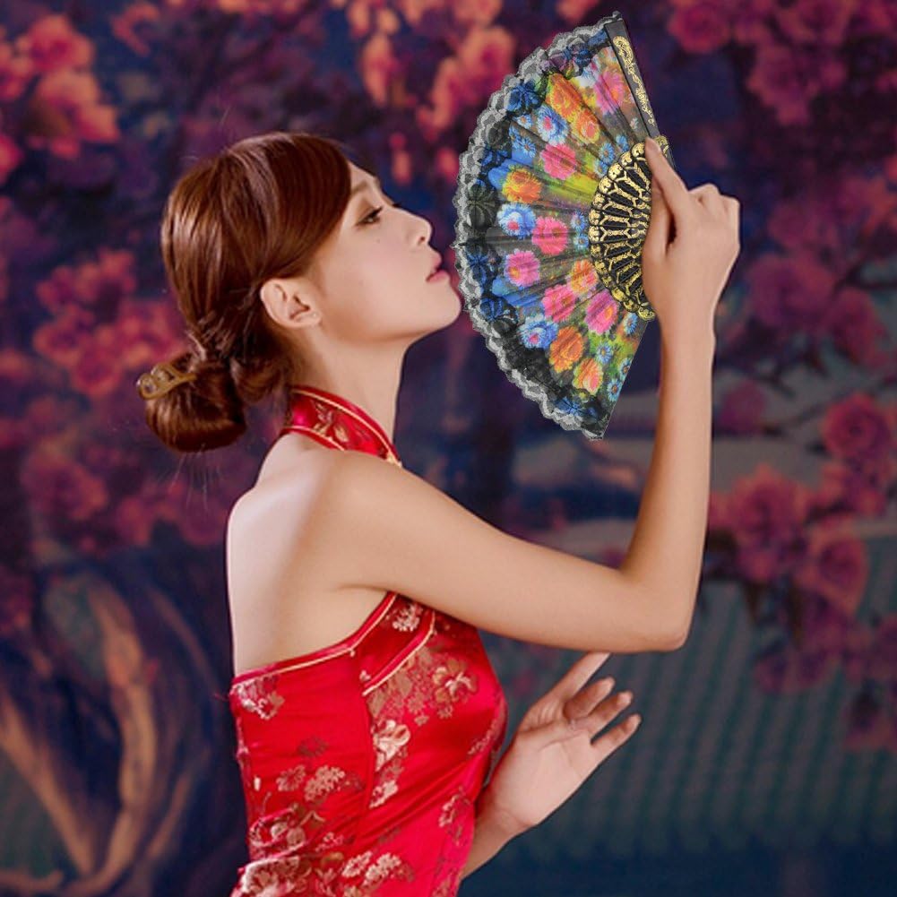 Rbenxia Spanish Floral Folding Hand Fan Flowers Pattern Lace Handheld Fans Size 9" Pack of 10 Random Color Suitable for Wedding Dancing Church Party Gifts