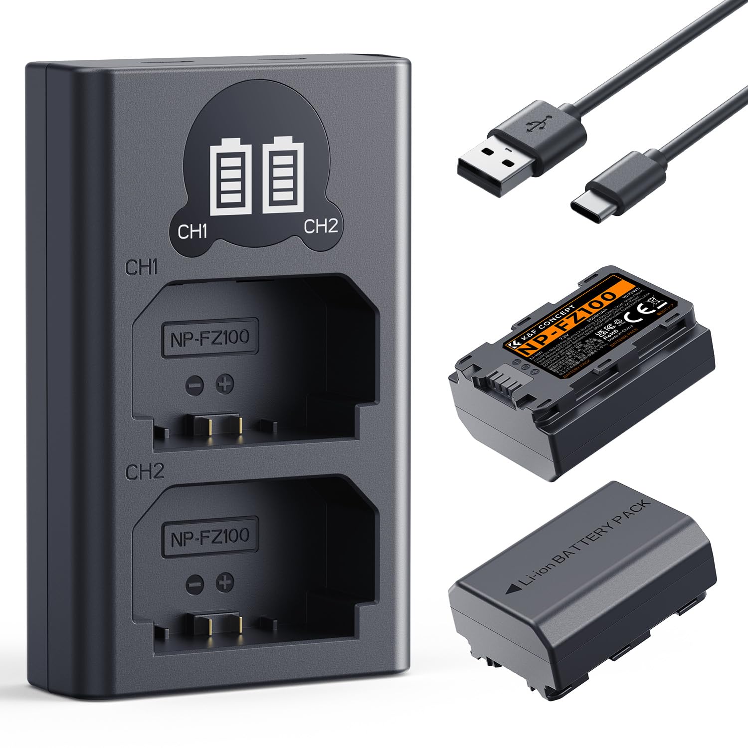 K&F CONCEPT NP-FZ100 2X2600mAh Batería y Cargador, Compatible con Sony A7iii, A7iv, fx3, fx30, A6700, A7R, A9, A6600, A7Riii, A7Riv, A7R3, A7C, ZV-E1, ZV-E10ii, A7S3, A9R y más