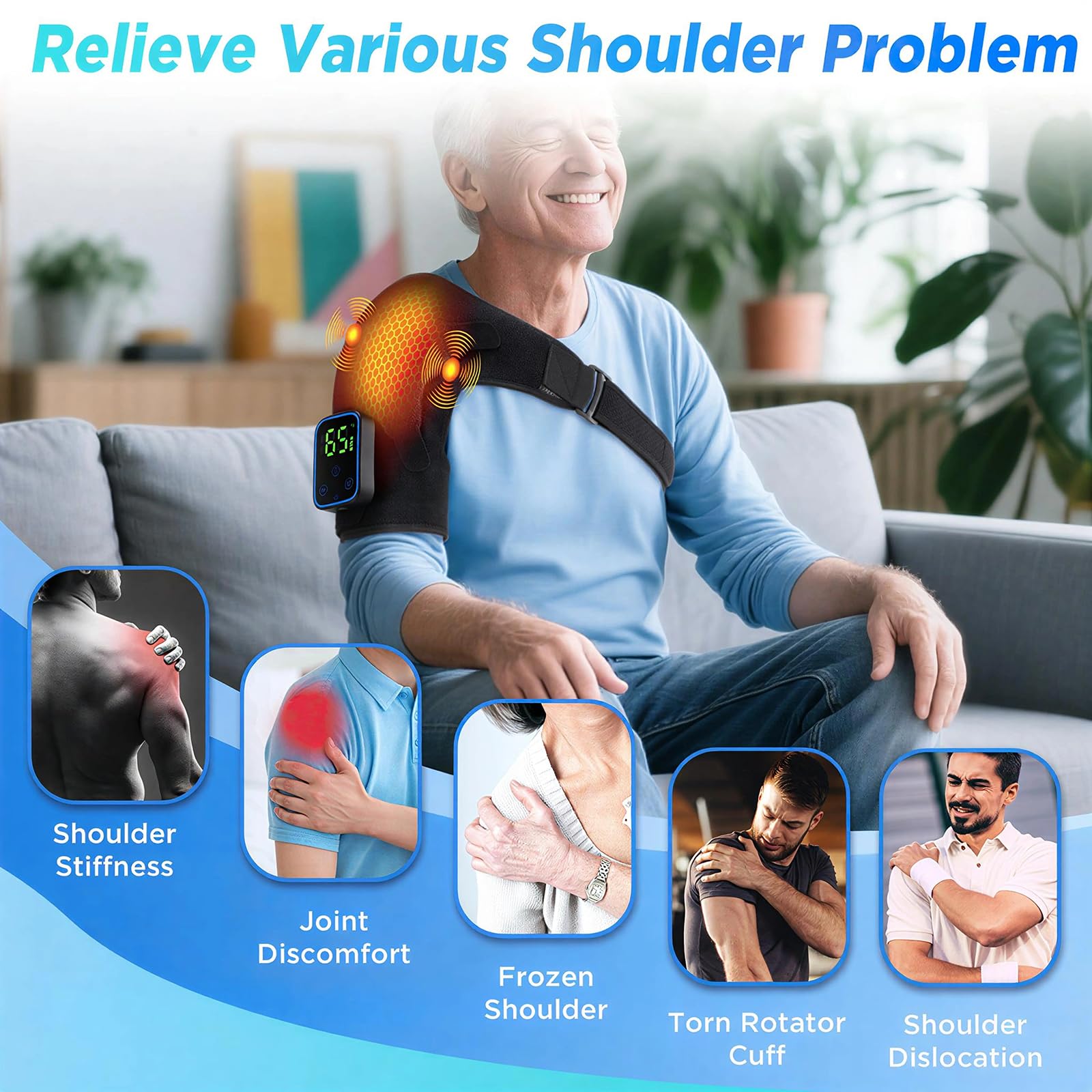 Masseur d'épaule triple méthode, 7 niveaux de température, 3 intensités de vibration, contrôle tactile, batterie 5000 mAh