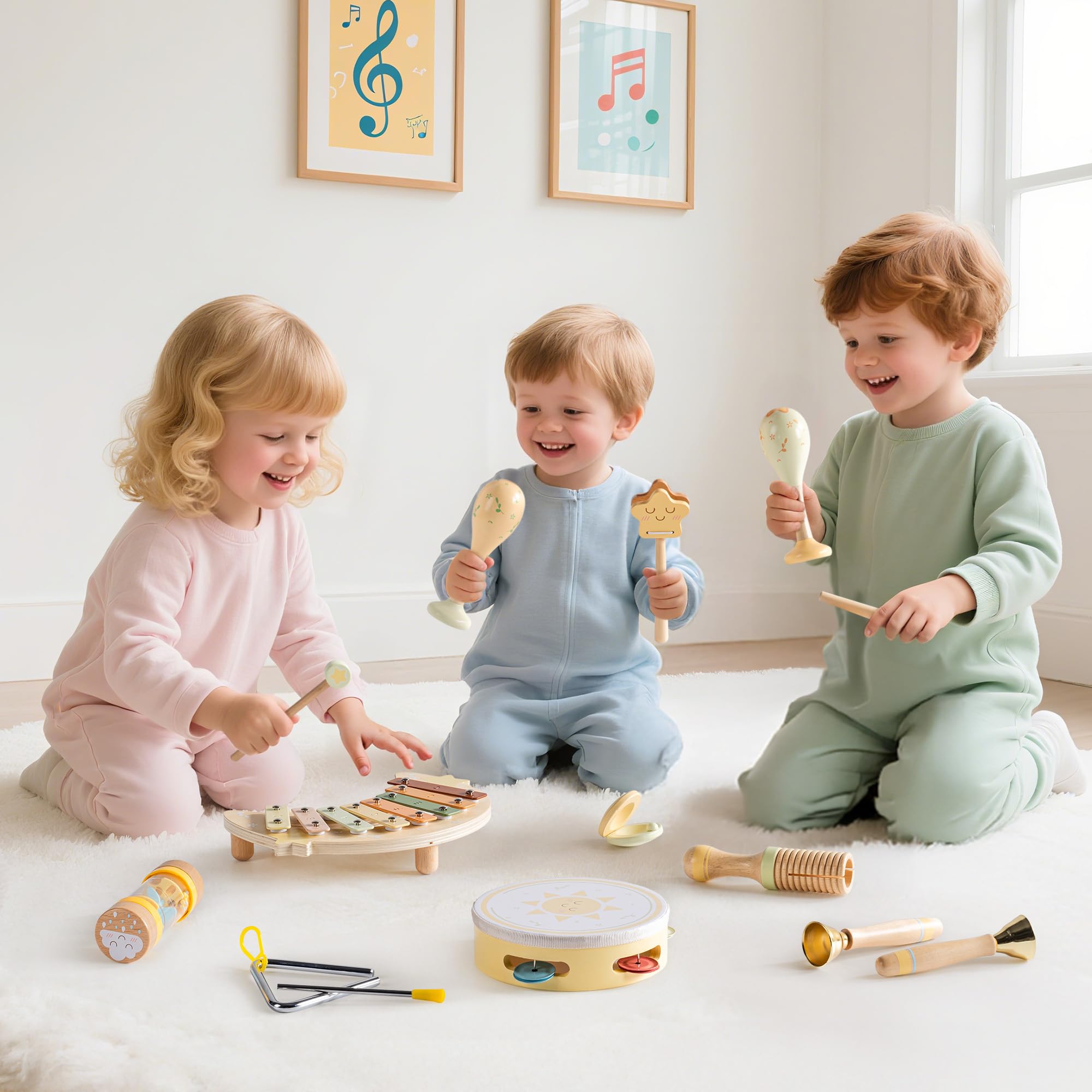 ROBOTIME Juego de instrumentos musicales de madera para bebés, lindos juguetes de percusión para niños pequeños, incluye xilófono, maracas, pandereta, triángulo y más, juguetes educativos de sonido