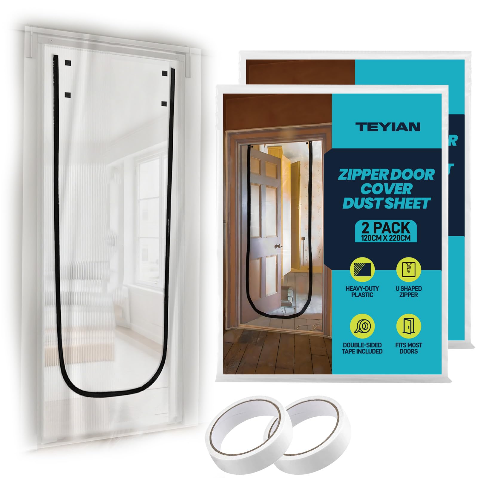 TEYIAN 2Pack 1.2m x 2.2m Plastic Dust Sheet Door Cover with Zipper Heavy Duty Clear Polythene Sheet Door Protector Door Curtain with 10m Double-Sided Tape for Decorating and DIY Projects