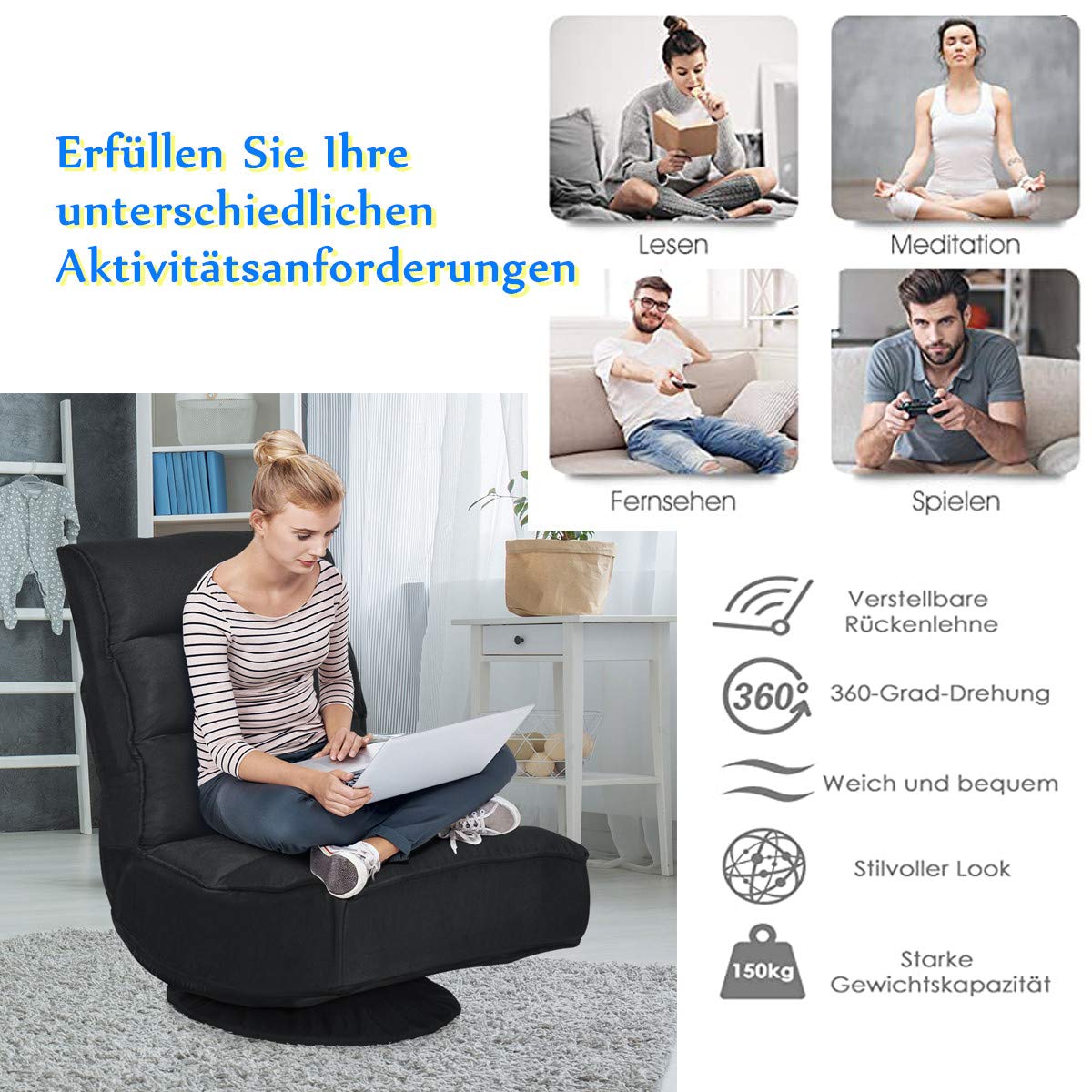 RELAX4LIFE Bodenstuhl mit 360° drehbarem Sockel, Bodensessel mit 5 winkelverstellbarer Rückenlehne 90°-135°, klappbarer Relaxsessel, bis 120kg belastbar, Lazy Sofa für Wohnzimmer und Büro (Schwarz)
