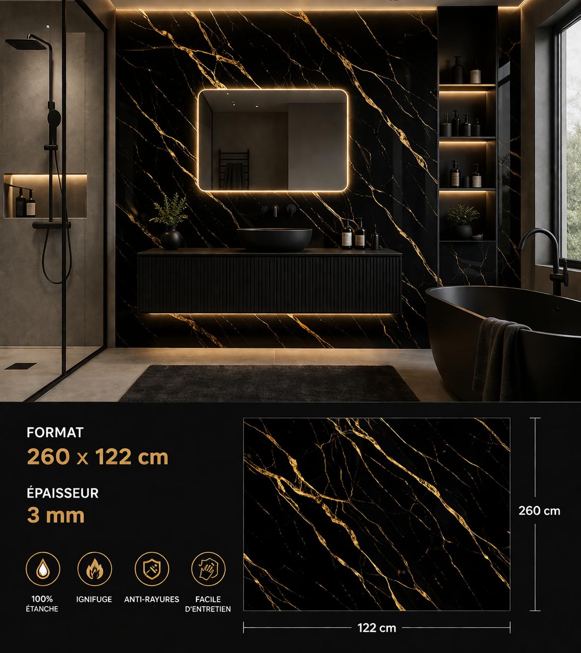 Générique Panneau Mural PVC Effet Marbre, 260 x 122 cm, Auto-adhésif, Imperméable, Noir et Or, pour Cuisine et Salle de Bains