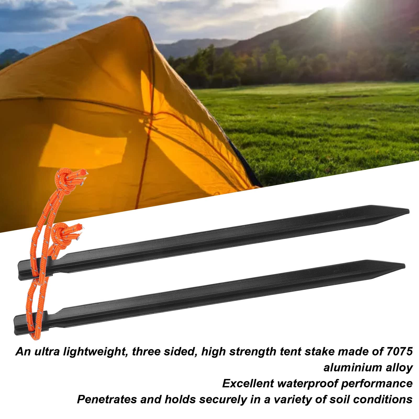 KANASI Picchetti per tenda, robusti picchetti in alluminio a forma di V da 23 cm con corde per fissare tenda e tettoia da campeggio all'aperto. (Nera)
