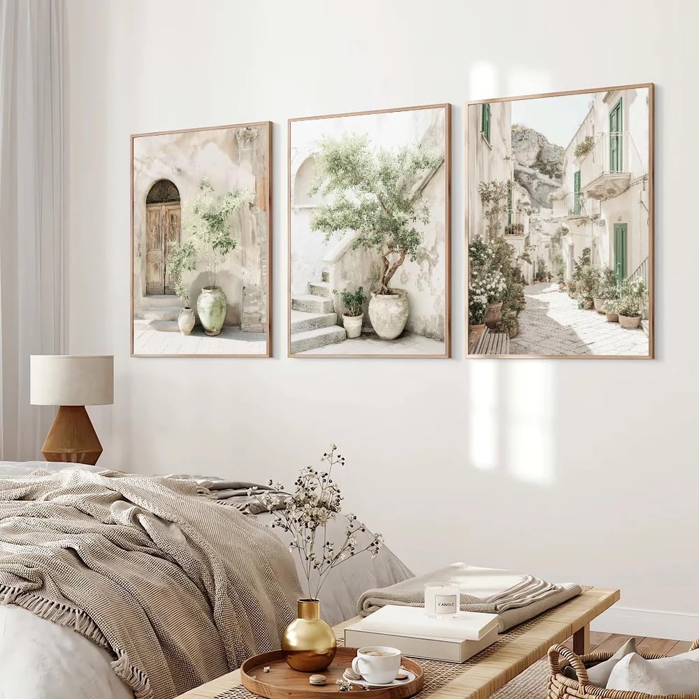 Dittelle Frameless Italy Mediterranean Architecture Landscape Canvas Poster Olive Tree Door Village Travel Wall Art Decor Print(50X70cm/3Pcs )