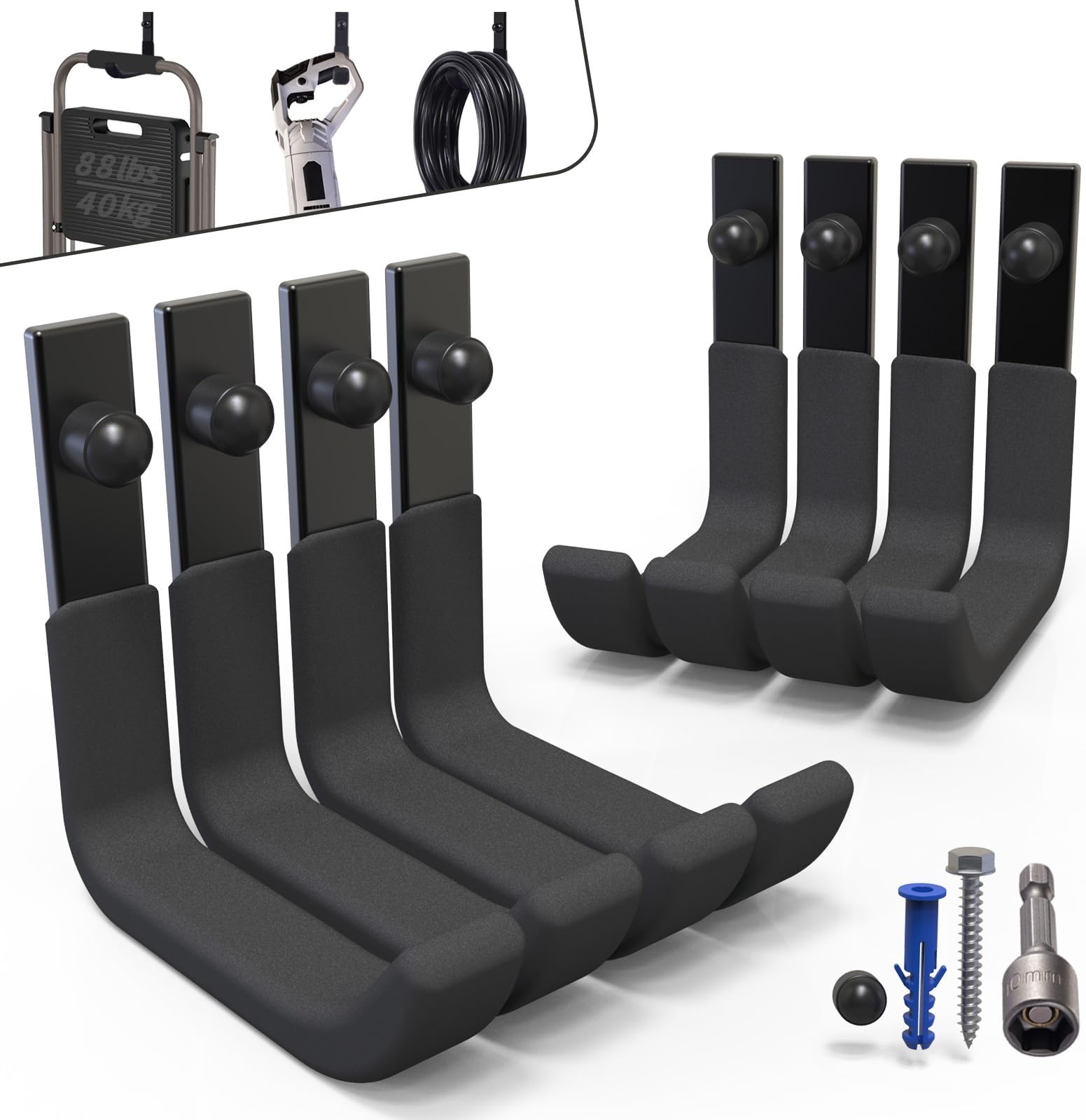 8 Pack Garage Hooks, Heavy Duty Wall Hooks for Hanging Garden Tool Ladder Holder, Steel J Utility Storage Organiser (40kg, 10 cm/4 Inch)