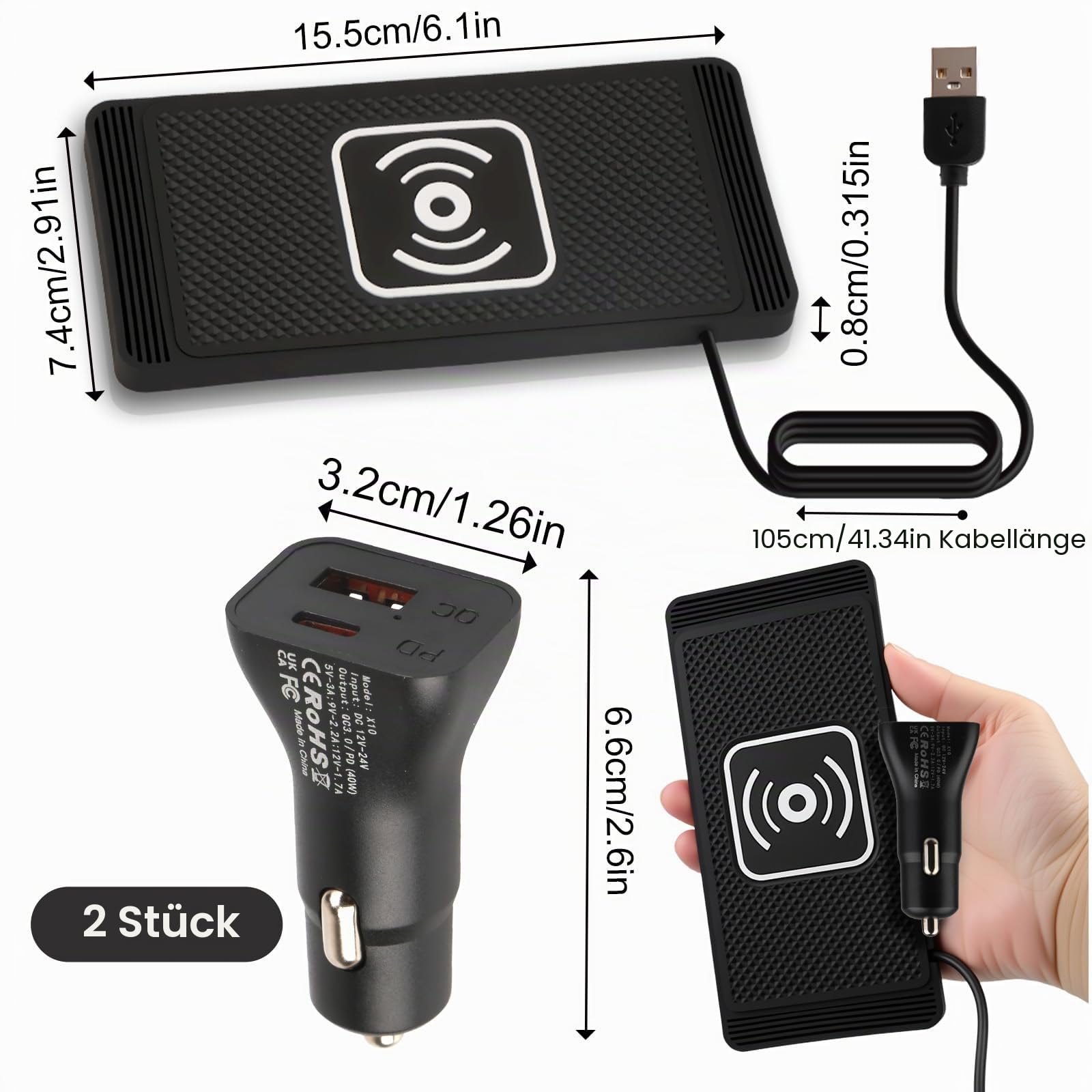 15W Inductive Car Charging Station with 40W Cars Charger Non-Slip Wireless Car Charging Pad Universal Carr Charger für iPhone 17 16 15 14 13 12 SamsungS23 S22 Headphones and Devices (1m Cable)