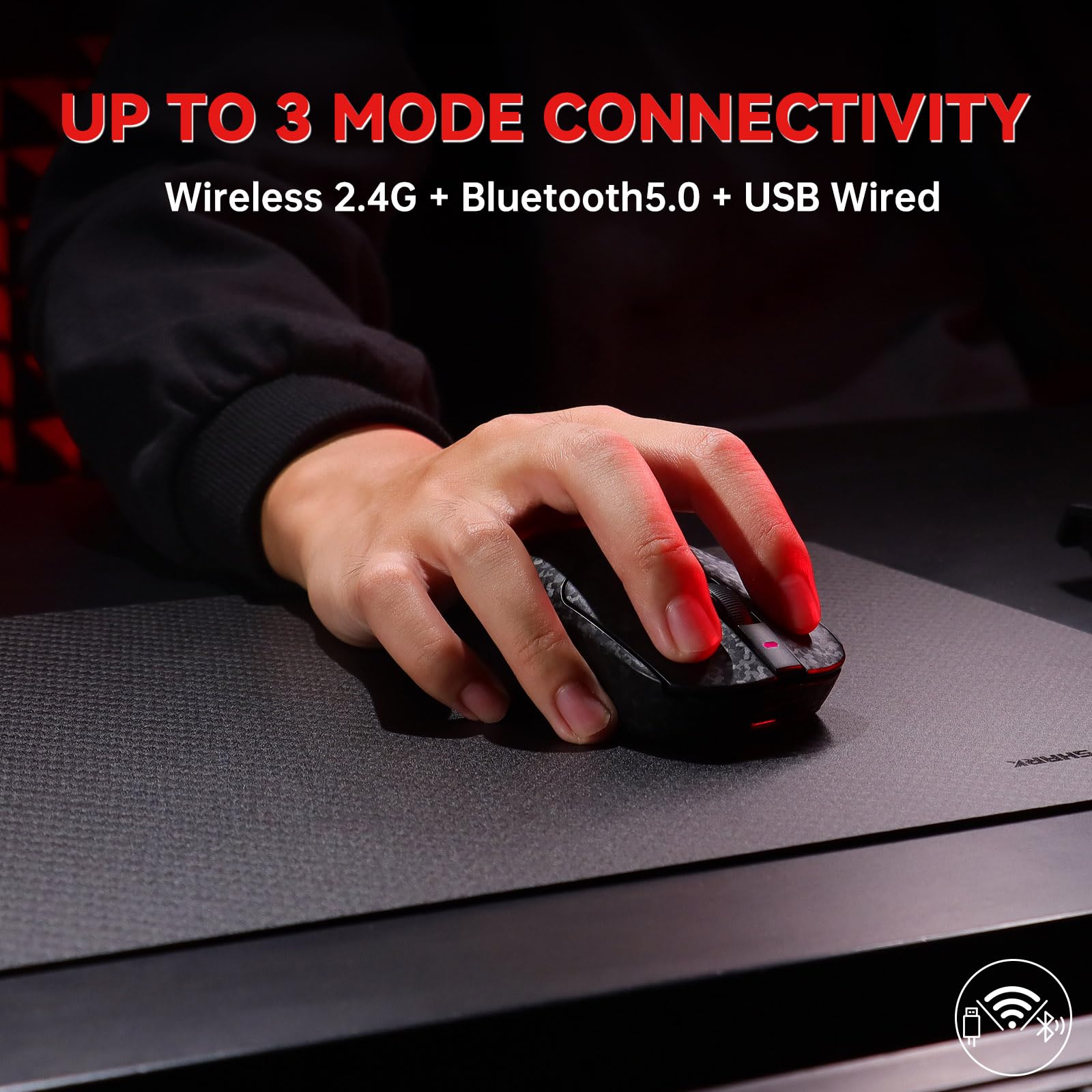 A.JAZZ AJ199 Ratón Gaming de Fibra de Carbono, Wireless 2.4G/BT/USB-C Trimodo, Ultraligero 55g, Sensor óptico PixArt PAW3311 con 24000 dpi y Sondeo de 1000, Mice Gamer Oficina, PC/Mac - Negro