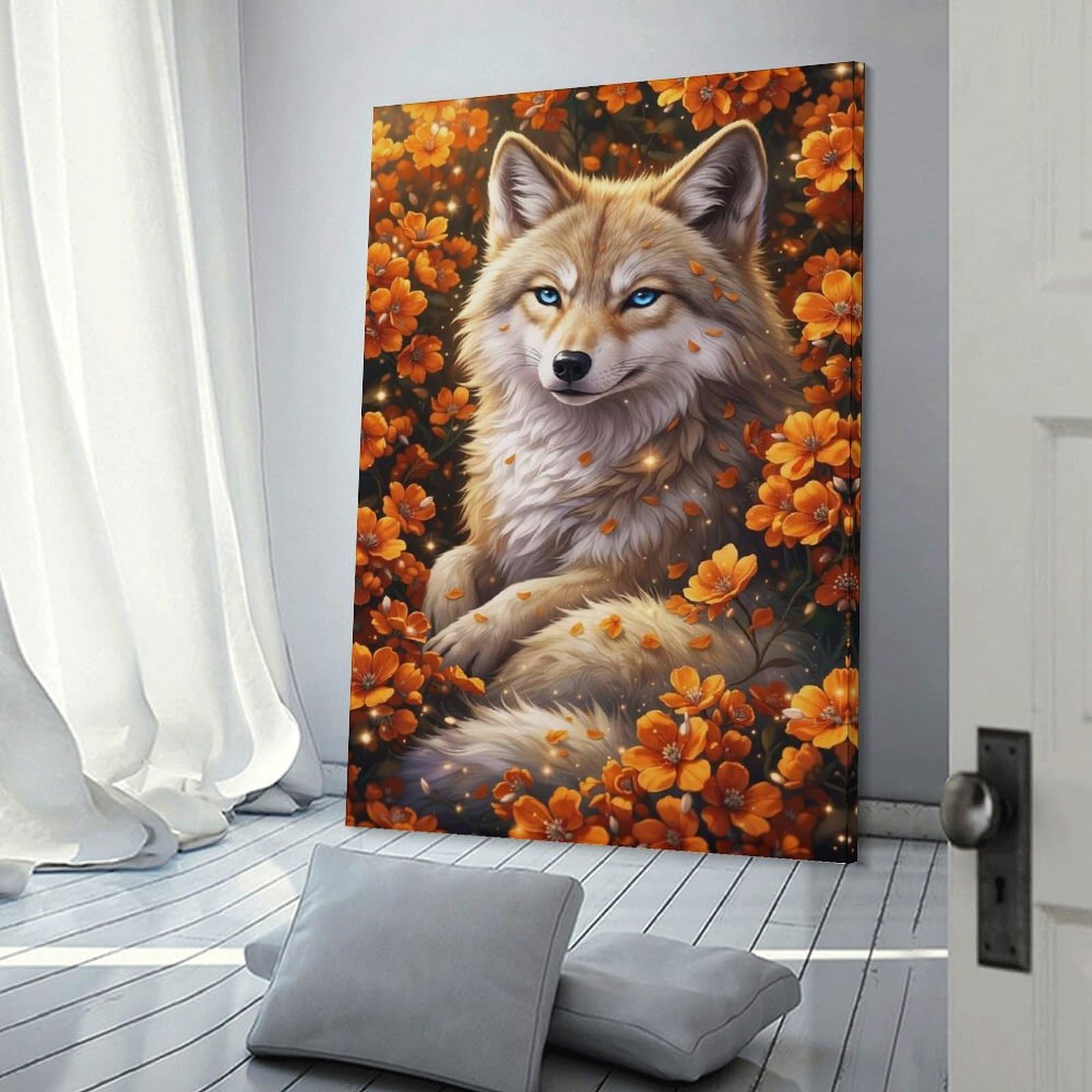 Canvas Wall Decor Wolf Among Marigold Blooms, 20x30inch(50x75cm), for Lounge Decor, Bedroom Walls Or Flats, Eye Catching Artwork for Blank Walls