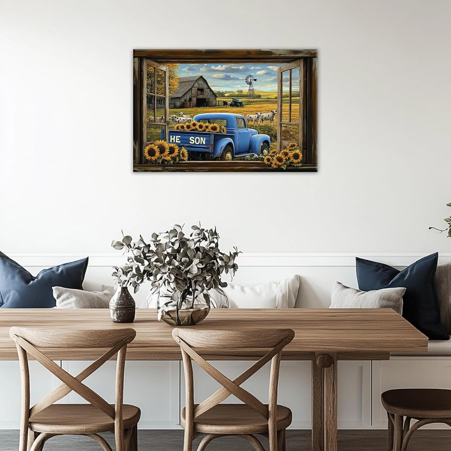 GLOKAKA Farmhouse Barn Canvas Wall Art Countryside Window View Sunflower Floral Field Paintings Vintage Farm Truck Artwork Rustic Farm Decor for Living Room Kitchen-12 x18