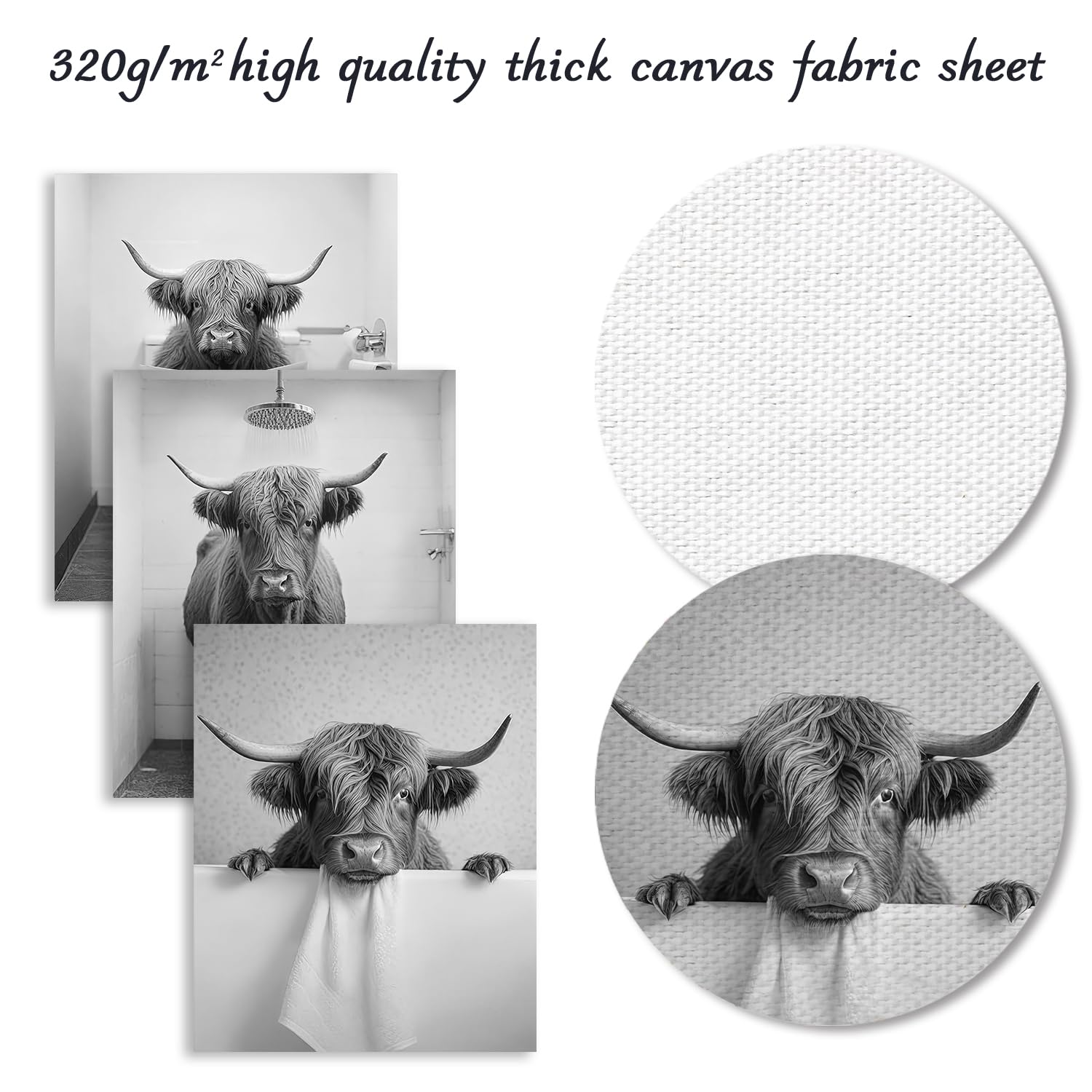 Ensemble De 4 Illustrations Drôles De Vaches Highland - Toile 20x25 Cm Pour Décoration Rustique