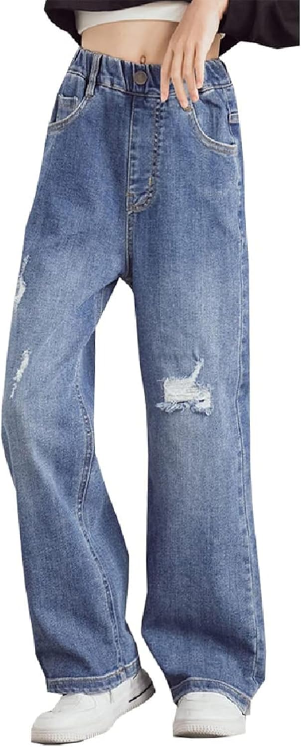 SANGTREE Girls Baggy Jeans Wide Leg Jeans Elastic Waist Casual Denim Pants Kids Clothes Ripped Dark Blue 11-12 Years = Tag 160