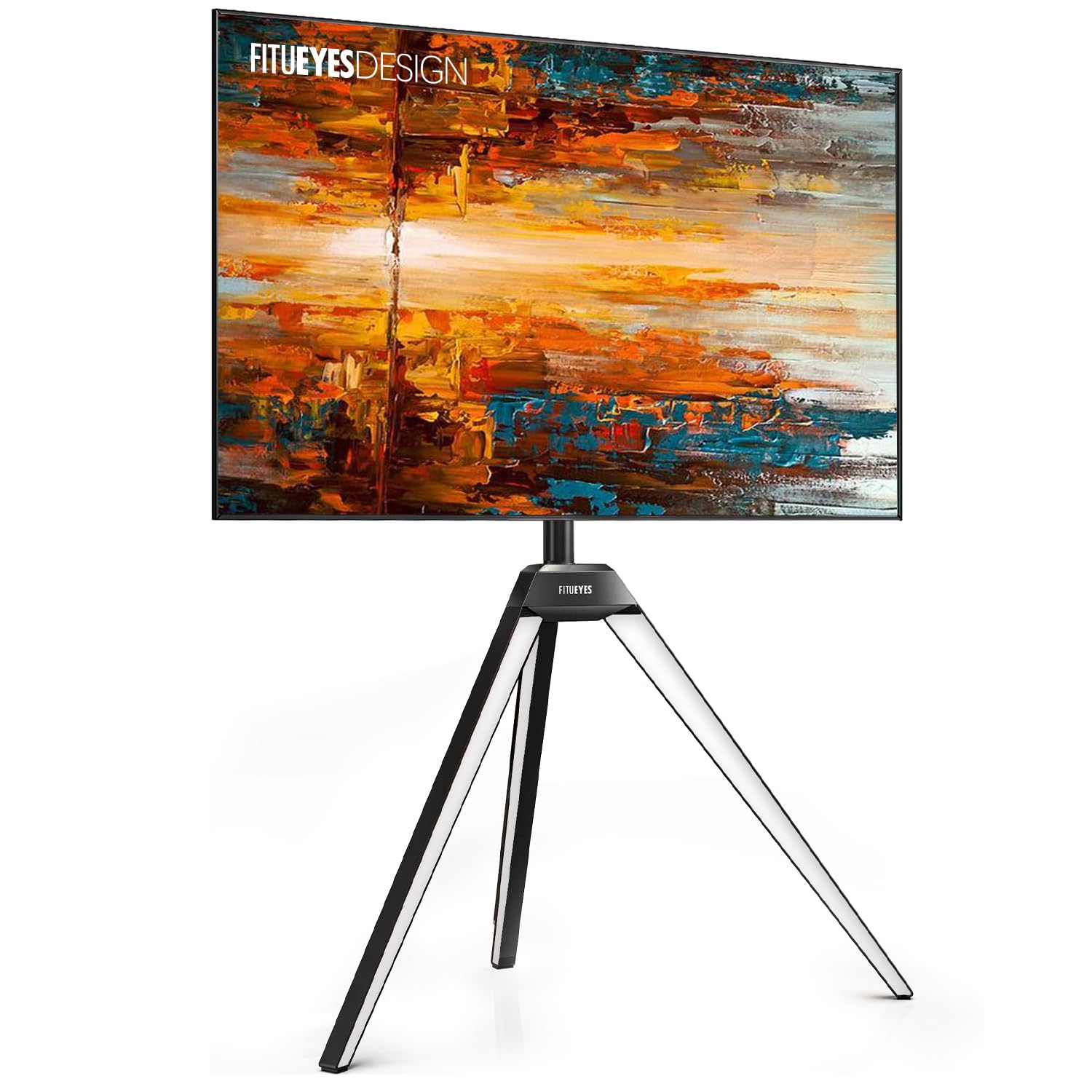 FITUEYES Design Corner TV Stand for 32 37 43 50 55 65 Inch TV, White Tripod TV Stand Modern Easel TV Floor Stand for LED LCD Screens with Concealed Storage Wood Iron TV Furniture, Picasso Series