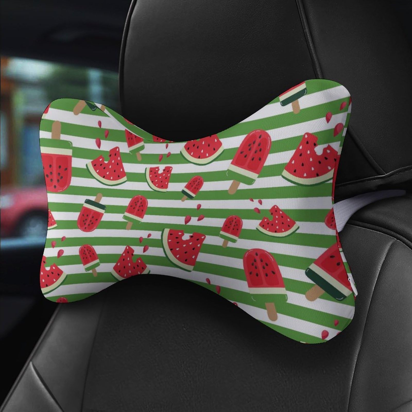 SMAZDFXX Watermelon Popsicle Green and White Stripes Car Neck Pillow Set of 2 Car Seat Head Support Cushion Bone Pillows with Elastic Strap