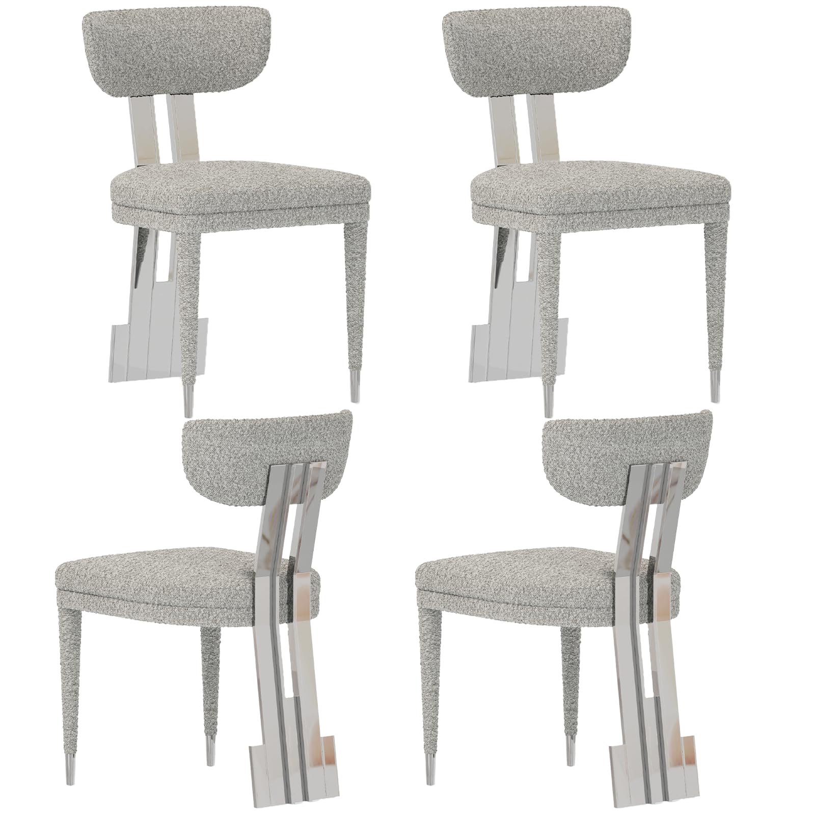 jajaplus Contemporary Dining Chairs Set of 4, Kitchen & Dining Room Chairs with Grey Boucle Cushion & Silver Mirrored Metal Frame, Curved Open Back