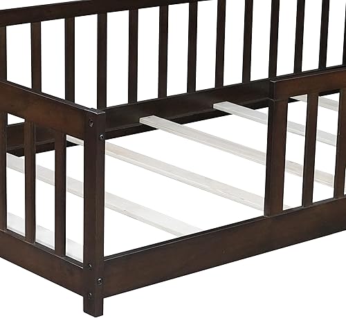 Miniatura 137 de Harper & Bright Designs Cama de suelo tamaño Queen con valla y puerta, marco de cama Montessori de madera para niños, niñas, listones incluidos, no