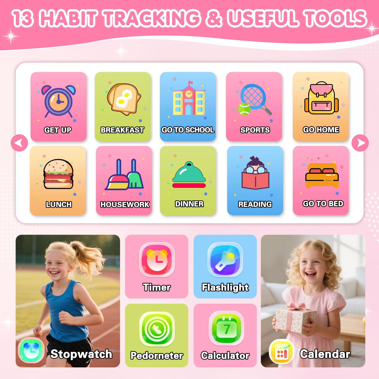 Smart Watch for Kids with 39 Games Touchscreen Camera Video, Music Player, Pedometer, Calculator, Calendar, Stopwatch, Flashlight, Alarm Clock 12/24 hr, Birthday Gifts Toys for Girls Ages 3-12