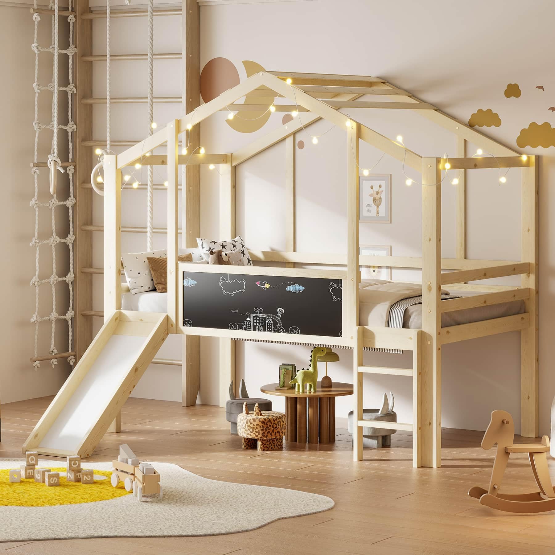 YEHTOKHOME Lit Mezzanine Multifonctionnel 90x200cm avec Toboggan et Tableau Noir,loft lit Simple Moderne en Bois avec échelle et Garde-Corps(sans Matelas) (Bois)
