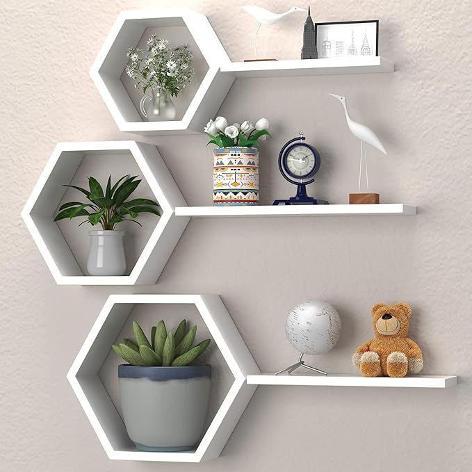 Wooden Hexagon Floating Shelves Wall Mounted, Honey Comb Shelves Set of 6, Geometric