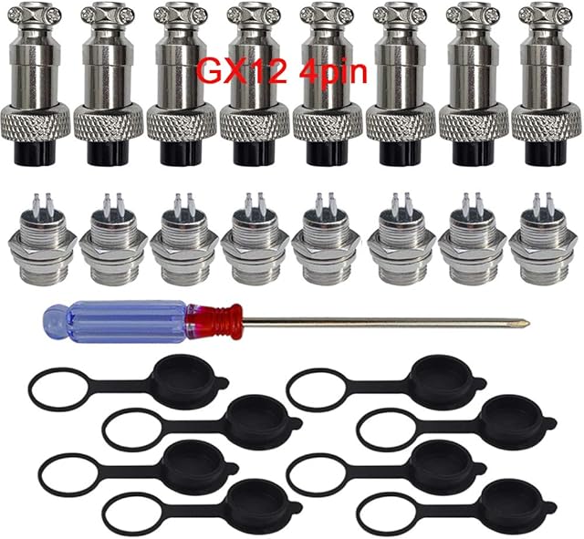 QitinDasen 8Pcs Premium 4 Pin GX12 Aviation Connector, 5A 12mm Thread Male Female Panel Metal Aviation Wire Connector Plug Socket, with Rubber Protector Cap and Phillips Screwdriver
