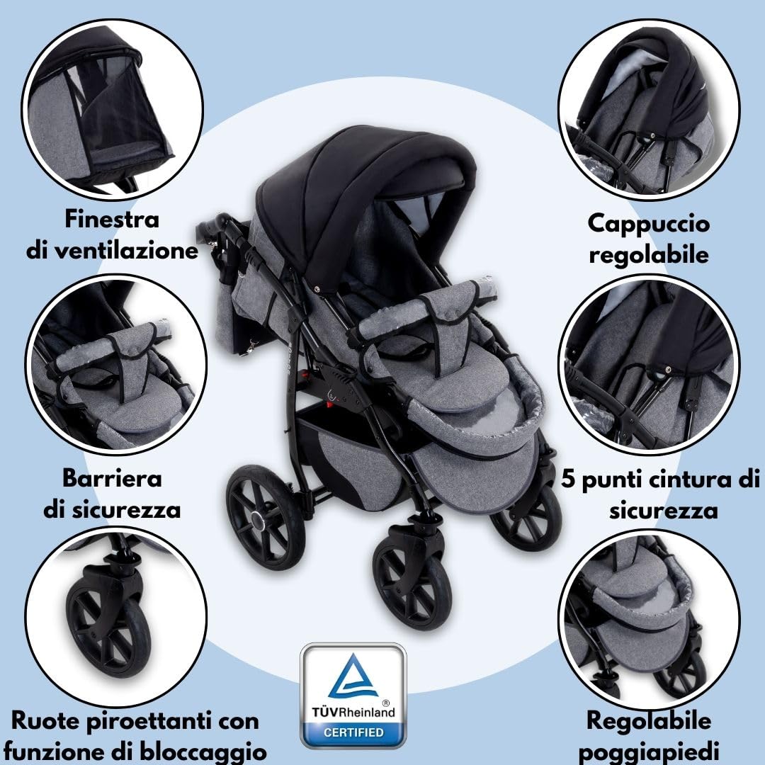 GaGaDumi Boston Passeggino Trio 3 in 1 Carrozzina Passeggino Seggiolino Auto Sistema Viaggio Completo Nero